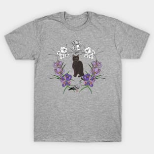 Black cat floral pigeon T-Shirt